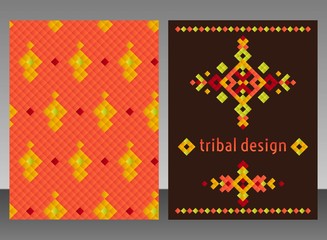 Vertical card with bright tribal geometric ornament. Vector background. Oriental motifs. Modern design elements with text template.