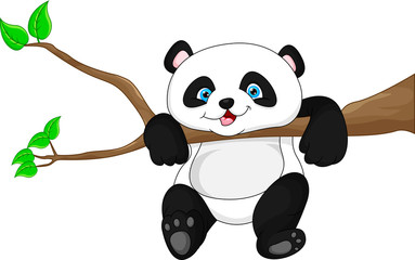 Obraz premium Cute funny baby panda hanging on the tree