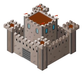 Isometric icon of medieval stone castle. Vector illustration.