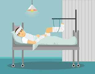 Man with broken leg and hand in Hospital. Vector illustration. 