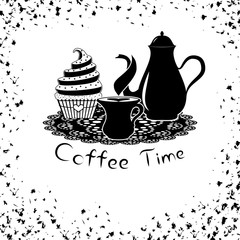 Coffee time with coffee pot and cupcake. card or banner of coffee time with frame of spots