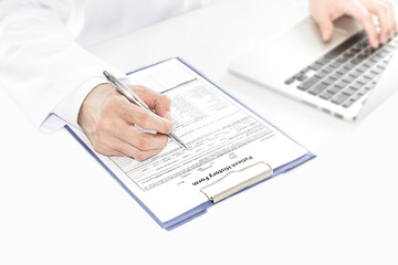 Fototapeta premium Selective focus at hand of Doctor checking new patient history f