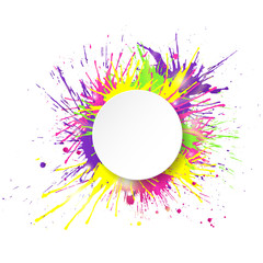 White round paper banner on colorful paint splashes background. Vector illustration.