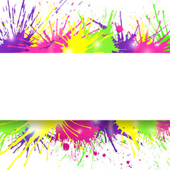 White banner on colorful paint splashes background. Vector illustration.