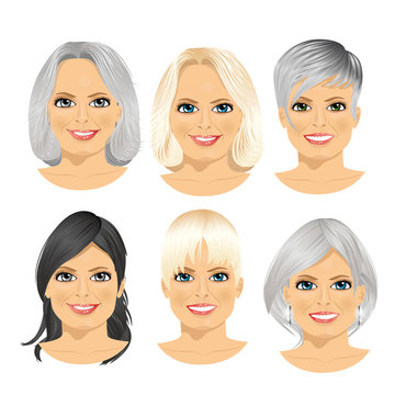 isolated set of mature woman avatar with different hairstyles