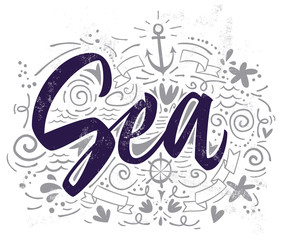 Print for T-shirt Sea. Vector illustration. Hand lettering.