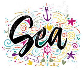 Print for T-shirt Sea. Vector illustration. Hand lettering.