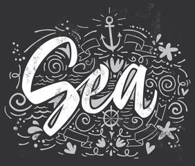 Print for T-shirt Sea. Vector illustration. Hand lettering.
