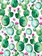 Foto op Aluminium Naadloze patroon met hoge kwaliteit handgeschilderde aquarel cactus planten en paarse bloemen. Pastelkleuren, perfect voor uw project, bruiloft, wenskaart, foto& 39 s, blogs, behang, patroon, textuur en meer © katerinas39