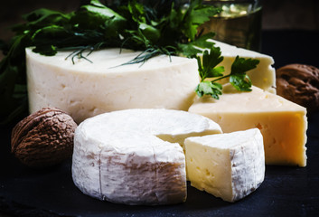 Cheese Assortment on a dark background, selective focus
