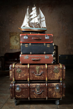 Vintage Luggage from stacked old leather suitcases