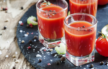 Tomato cocktail with tomatoes, lemon juice, celery, hot pepper a
