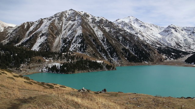 Panorama background of fairy amaizing beautifull nature lake landscape high in the mountains