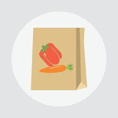 Package vegetables vector illustration. Vegetables icon. Paper bag icon. Paper bag isolated background. Brown paper bag. Paper bag groceries. Concept fresh, natural, healthy food.