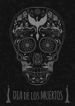 Dia de Muertos Tattoo Skull Day of The Dead Monochrome. Flyer Template. stone texture