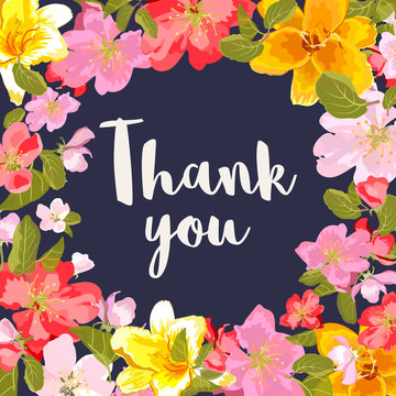 Floral background with place for your text. "Thank you"- phrase with floral frame.