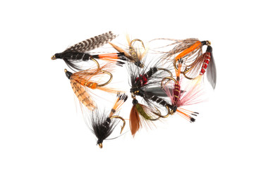 Handmade flies used by fishermen to attract trout and salmon by game fishermen.