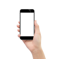 hand holding black phone isolated on white clipping path inside