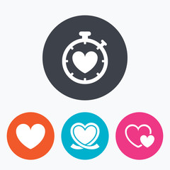 Heart ribbon icon. Timer stopwatch symbol.