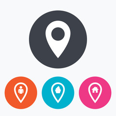 Map pointer icons. Home, food and user location.