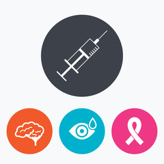 Medicine icons. Syringe, eye, brain and ribbon.
