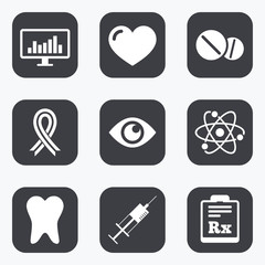 Medicine, medical health and diagnosis icons.
