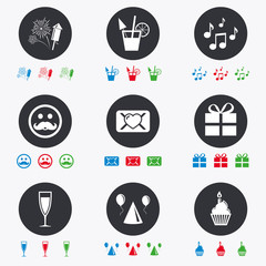 Party celebration, birthday icons. Music notes.