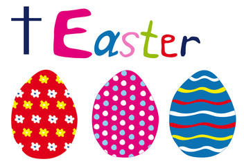 Colorful pink, green and blue eggs decorated with flowers, dots and wavy lines