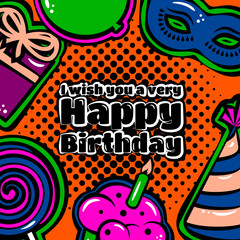 Birthday card with items, balloon, cake, hat, lollipop, masquerade and gift on dotted background. Vector