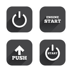 Power icons. Start engine symbol. Push arrow.