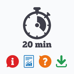 Timer sign icon. 20 minutes stopwatch symbol.