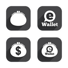 Electronic wallet icons. Dollar cash bag sign.