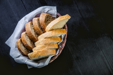 sliced bread in the basket, black and white bread