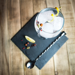 Gin Tonic with botanicals and bar spoon on wood table.