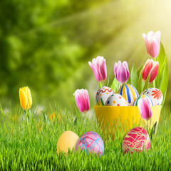 Easter Background with Eggs and Tulips