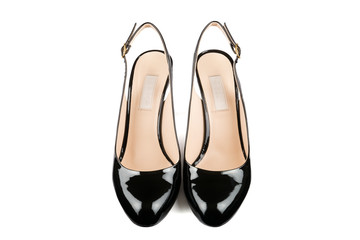 Black patent leather shoes. Top view.