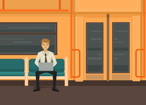 Man with computer in train. Vector flat illustration