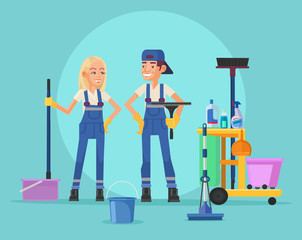 Cleaning staff. Vector flat illustration