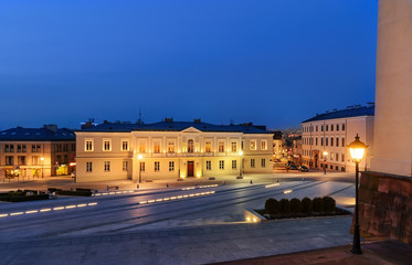 Marii Panny square in Kielce, Poland, after sunset.