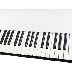 Close-up of keyboard of an electronic piano in a textured metallic casing on white background