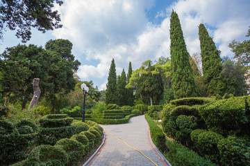 Beautiful garden with hedges. Pushkin Park, Gruzuf Crimea, Ukraine