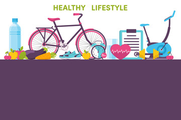 Icons healthy living, sport, food, clock