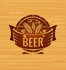 Vector template beer emblem on a wooden background - 104681806