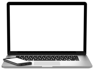 Laptop with blank screen isolated on white background, white aluminium body.Whole in focus. High detailed. - obrazy, fototapety, plakaty