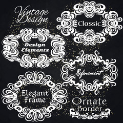 Vintage frame set on black retro background. Calligraphic design elements. Vector elegance vintage frames for your text
