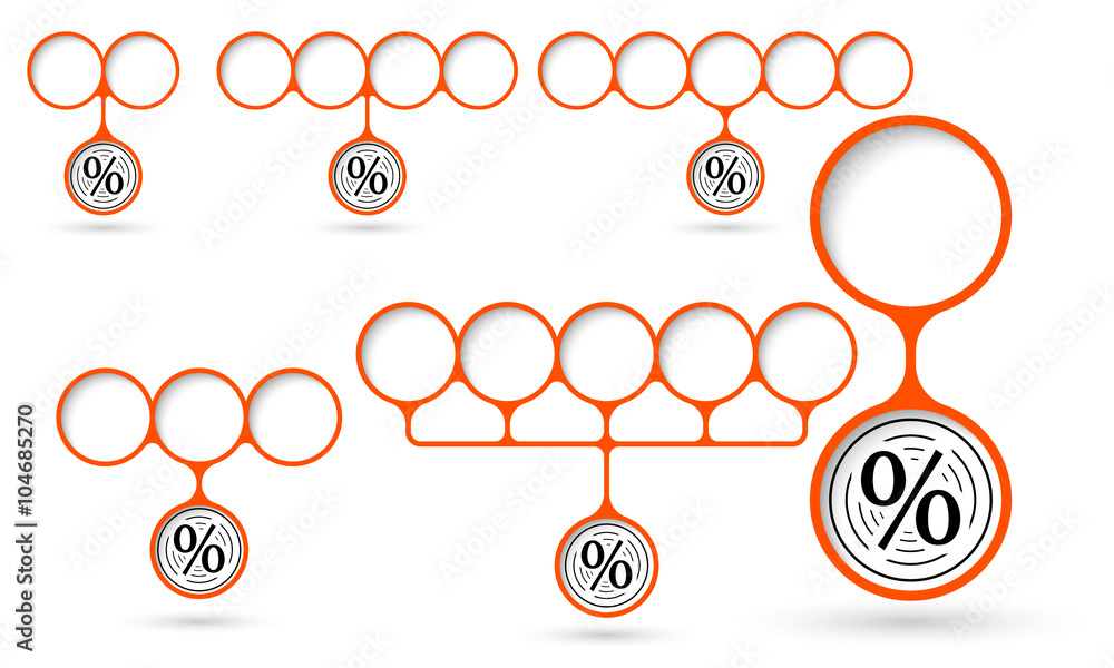 Poster set of five object with circular text areas and percent sxmbol
