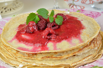 Pancakes with Raspberry Jelly and Lemon Balm