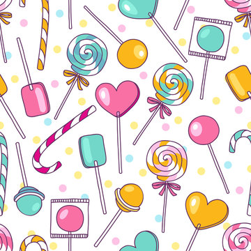 Vector Doodle Lollipops Pattern. Bright Sweet Food Hand Drawn Il