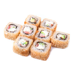 Deep fried japanese tempura roll with tiger prawns, bacon, cream cheese and crispy breading - isolated in white background