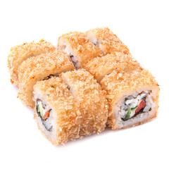 Deep fried japanese tempura roll with paprika, cucumber, tomatoes, cream cheese and crispy breading - isolated in white background